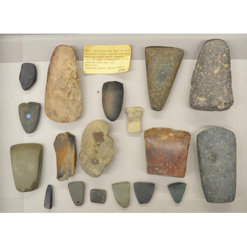 268 - Collection of neolithic stone and flint axe heads and other hand tools, largest L11.5cm (Victor Brox... 