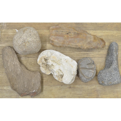 270 - Large neolithic flint pounding stone, a piece of fossilized wood, corn grinding stone etc. (6) (Vict... 