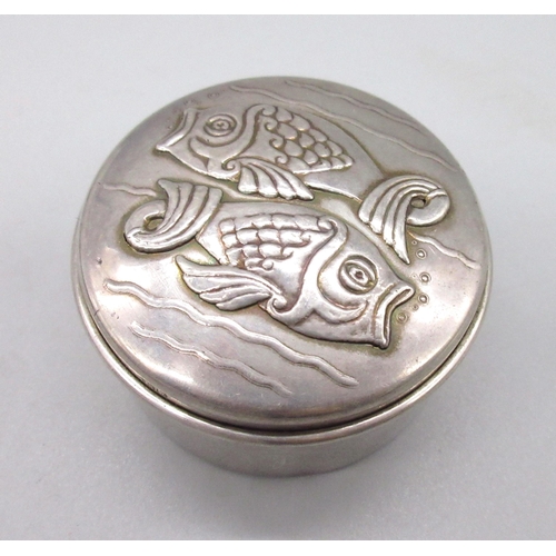 116 - 1970s hallmarked Sterling silver pin dish with Pisces carp decoration to lid and gilded interior, by... 