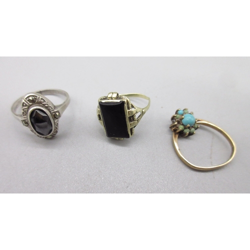 135 - 14ct yellow gold ring set with black stone, stamped 585, size K1/2, a 9ct white gold ring set with m... 