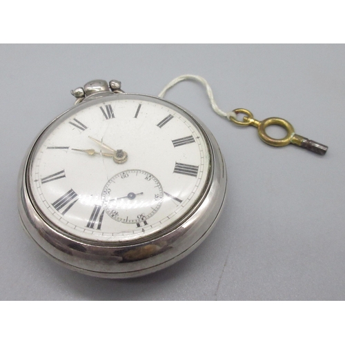 139 - Victorian silver pair case pocket watch, white enamel Roman dial, subsidiary seconds, case hallmarke... 