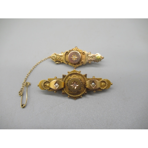 1003 - Two Victorian 9ct yellow gold Etruscan style bar brooches set with diamonds, both stamped 375, 5.8g