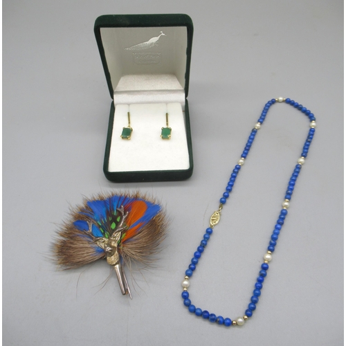 1014 - Lapis lazuli and pearl beaded necklace with 14ct yellow gold clasp, stamped 14k, L41cm, a pair of 9c... 