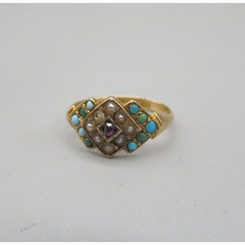 1017 - Victorian 15ct yellow gold turquoise and seed pearl ring set with central ruby, stamped 15, 2.0g