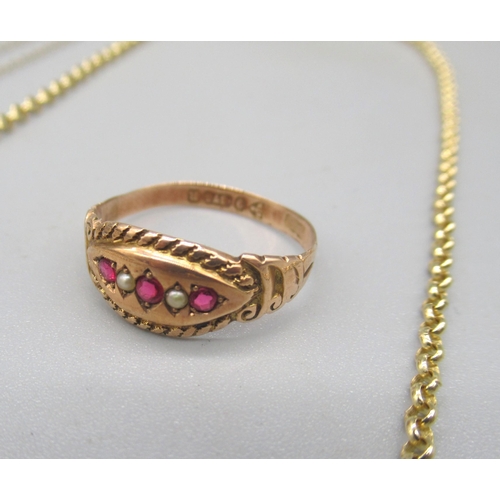 1019 - 9ct gold gypsy ring set with red stones and seed pearls, size P, a 9ct yellow gold floral necklace a... 