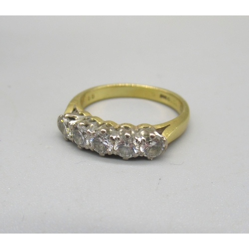 1332 - Yellow gold five stone diamond ring, the five round cut diamonds in claw setting on plain band, mark... 