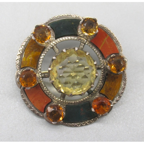 1642 - Hallmarked sterling silver brooch set with citrine and polished stone, including blood stone, marks ... 