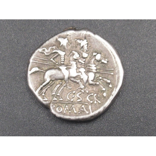 182 - Denarius, obv. head of Roma right, wearing winged helmet, rev. Dioscuri galloping right with 'C.S CR... 