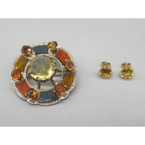 1642 - Hallmarked sterling silver brooch set with citrine and polished stone, including blood stone, marks ... 