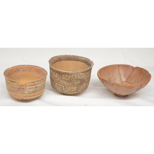 237 - Three Indus Valley Harappan civilisation terracotta clay pots with 2 painted examples (one with repa... 