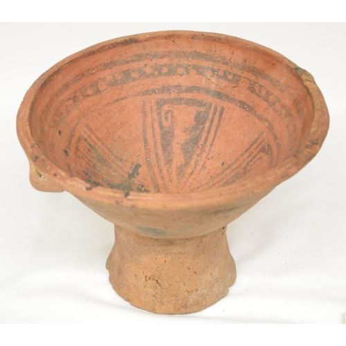 238 - Terracotta Mayan Pre-Columbian pedestal bowl, faded/worn paintwork to inside, some repaired cracks e... 