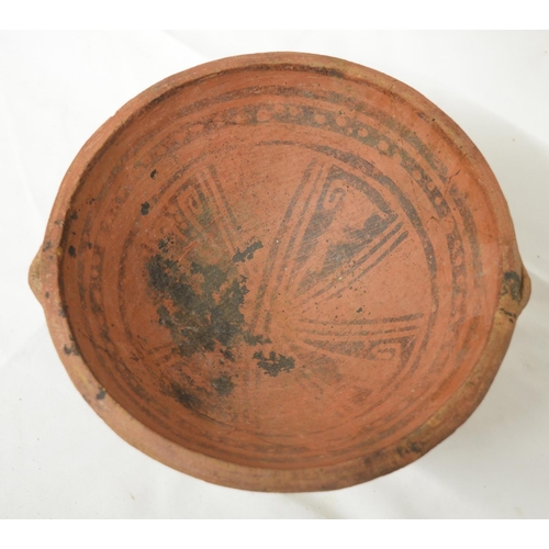 238 - Terracotta Mayan Pre-Columbian pedestal bowl, faded/worn paintwork to inside, some repaired cracks e... 