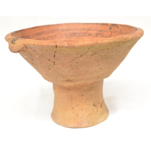 238 - Terracotta Mayan Pre-Columbian pedestal bowl, faded/worn paintwork to inside, some repaired cracks e... 