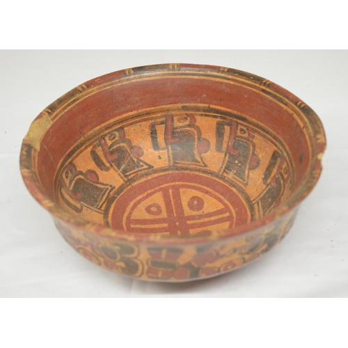 241 - Mayan polychrome terracotta bowl, Honduras-El Salvador 500-800AD, attractively painted, has been cra... 