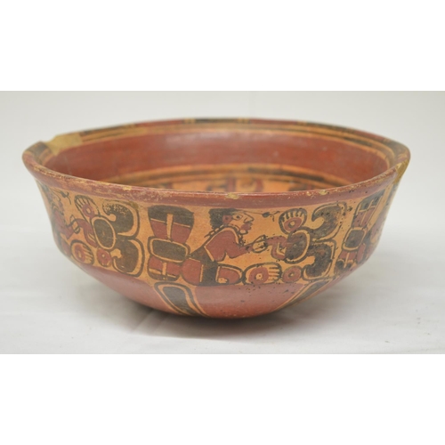 241 - Mayan polychrome terracotta bowl, Honduras-El Salvador 500-800AD, attractively painted, has been cra... 