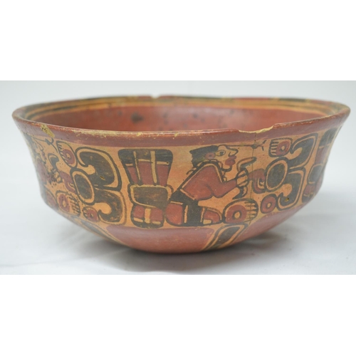 241 - Mayan polychrome terracotta bowl, Honduras-El Salvador 500-800AD, attractively painted, has been cra... 