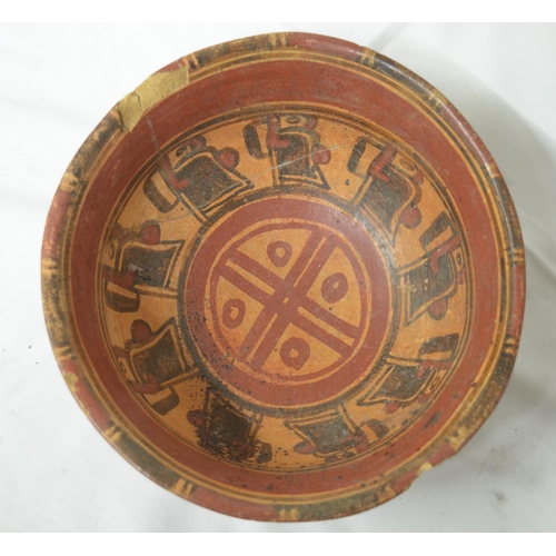 241 - Mayan polychrome terracotta bowl, Honduras-El Salvador 500-800AD, attractively painted, has been cra... 