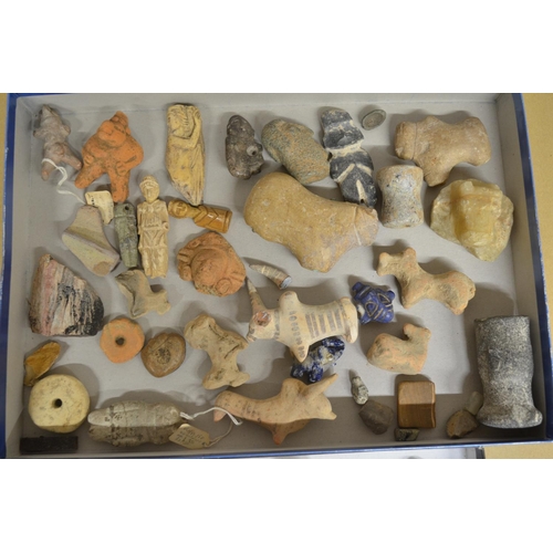 247 - Collection of historical stone and clay figures and other items including a Pre BC Mayan figure, Rom... 