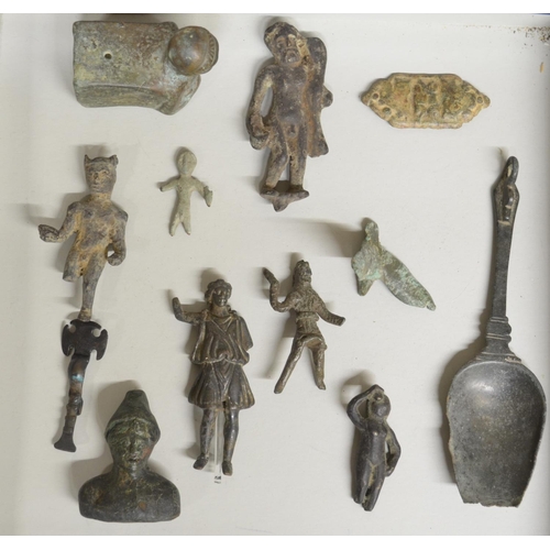 248 - Collection of historical cast metal figures including a Celtic bronze figure holding a Dolphin (with... 