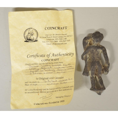 248 - Collection of historical cast metal figures including a Celtic bronze figure holding a Dolphin (with... 