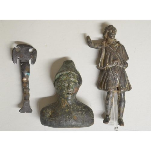 248 - Collection of historical cast metal figures including a Celtic bronze figure holding a Dolphin (with... 