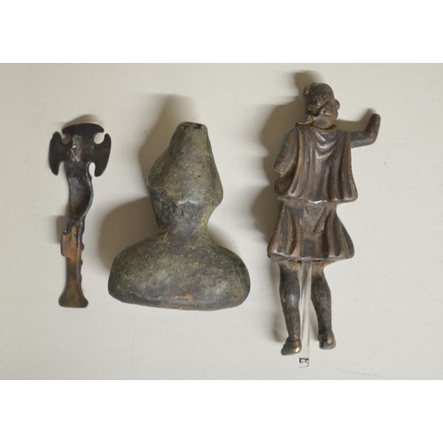 248 - Collection of historical cast metal figures including a Celtic bronze figure holding a Dolphin (with... 