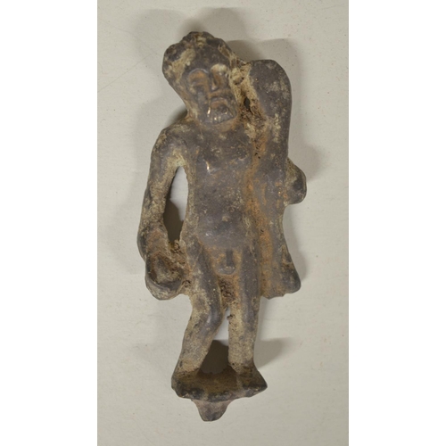 248 - Collection of historical cast metal figures including a Celtic bronze figure holding a Dolphin (with... 