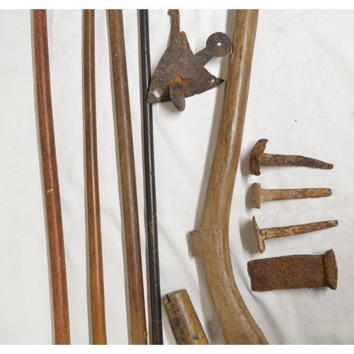 290 - Collection of vintage tools and walking sticks to include a hoe, fireman's axe etc. (Victor Brox col... 