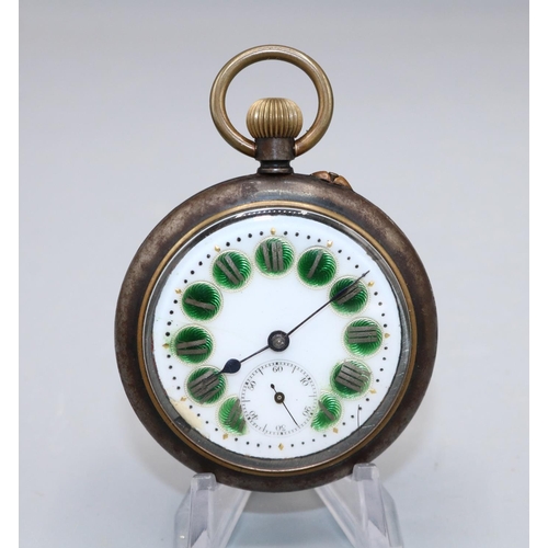 1092 - Swiss blued steel novelty keyless pin set pocket watch, white enamel Roman dial, subsidiary seconds,... 