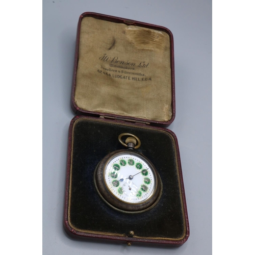 1092 - Swiss blued steel novelty keyless pin set pocket watch, white enamel Roman dial, subsidiary seconds,... 