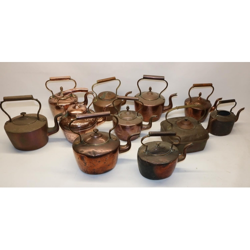 1162 - Victorian oval copper kettle, H29cm; four similar and six Victorian copper kettles all with acorn fi... 