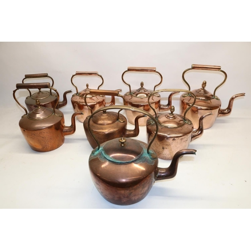 1167 - Eight Victorian copper kettles all with acorn & mushroom finials, H32cm (2)