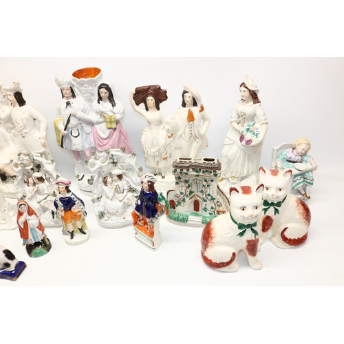 1292 - Collection of Staffordshire style and other figures, incl. flatback groups, cats, dogs, etc.