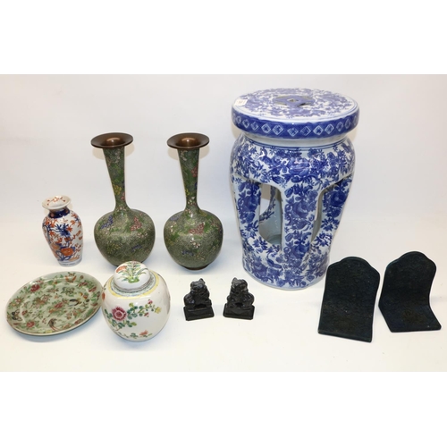 1299 - Collection of Asian items, incl. a late 20th century blue and white Chinese stool, two large cloison... 