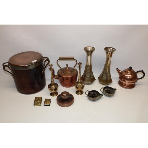 1310 - Collection of various metalware, incl. two Kashmiri copper candleholders, pair of vases marked WMF, ... 