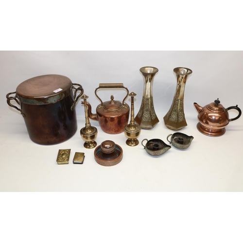 1310 - Collection of various metalware, incl. two Kashmiri copper candleholders, pair of vases marked WMF, ... 