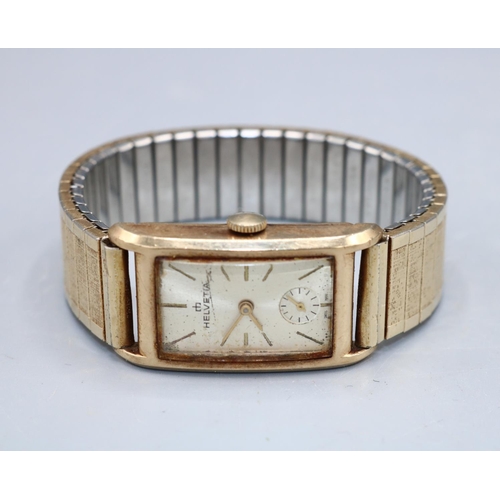 1347 - Helvetia 9ct gold wristwatch on expanding gold plated expanding bracelet, signed sunburst silvered d... 