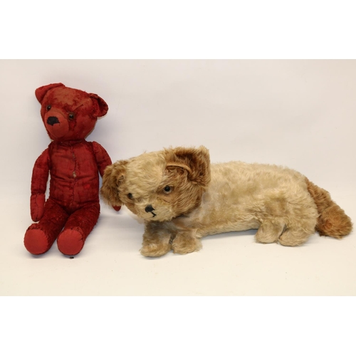 1362 - Mid C20th pyjama case in the form of a dog, with zipper to side, and a mid 20th century red teddy be... 