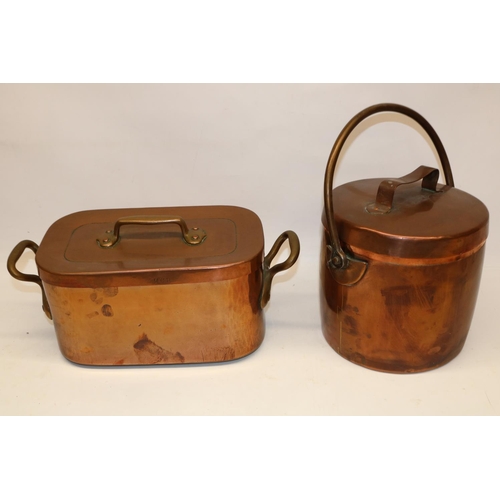 1395 - Two country house type large copper pans and covers, one initialled MCB, max. H26cm