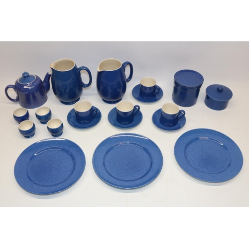 1502 - Collection of Moorcroft Powder Blue glaze tableware, comprising teapot, four coffee cans and saucers... 