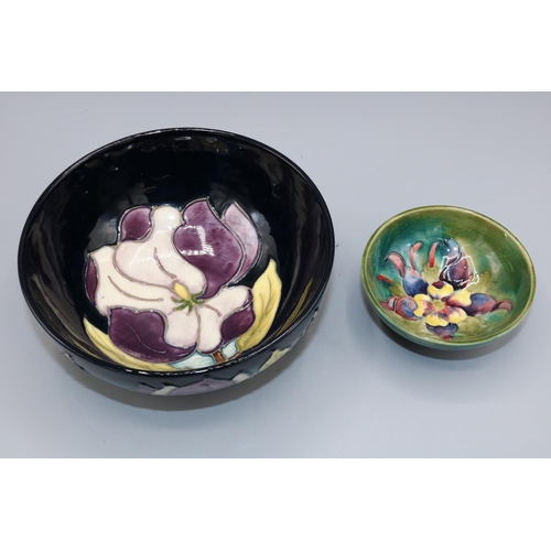 1619 - Moorcroft Pottery, small Columbine design trinket bowl, D9cm, and a Magnolia pattern bowl, D16cm (2)