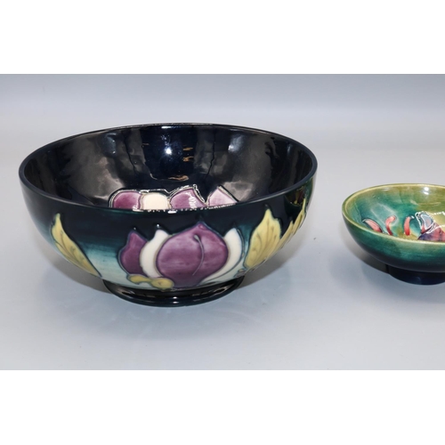 1619 - Moorcroft Pottery, small Columbine design trinket bowl, D9cm, and a Magnolia pattern bowl, D16cm (2)