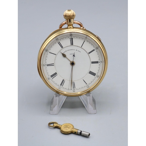 Thomas Russell & Son, Liverpool, late Victorian 18ct gold keyless pin set 1/5 second chronograph pocket watch, signed stepped Roman dial no. 101551, hinged case back and cuvette, hallmarked 18ct Chester 1900, no. 101551, movement signed Tho. Russell & Son, Liverpool, Makers to The Queen, 3/4 plate movement no. 101551, D55.8mm, gross weight 145.6g