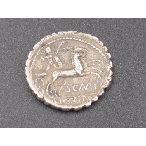 191 - M. Aurelius Scaurus, serrate Denarius, obv.helmeted head of Roma right, m aureli before roma and x b... 