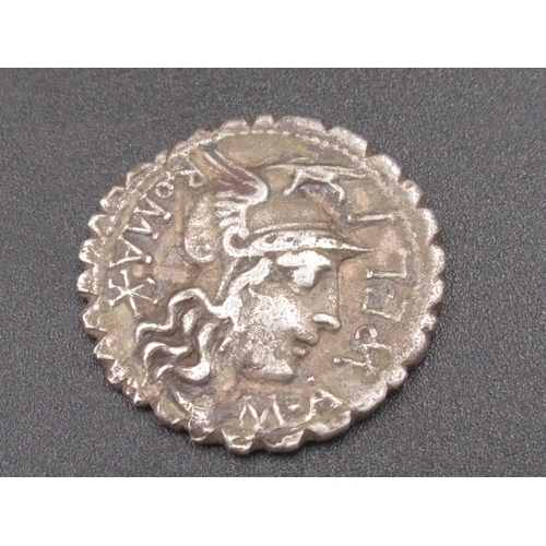 191 - M. Aurelius Scaurus, serrate Denarius, obv.helmeted head of Roma right, m aureli before roma and x b... 