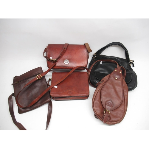 1211 - A.D. MacKenzie leather saddle bag, Radley leather cross body bag, and three other leather bags