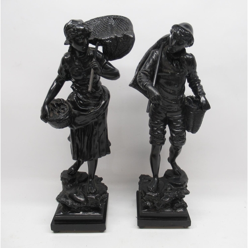 1296 - Pair of large black painted spelter figures of a fisherman and woman, H47cm (2)