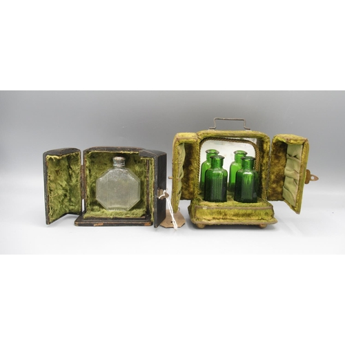 1312 - Two 19th century travelling perfume cases lined with green velvet, probably French, max. H11cm