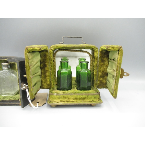 1312 - Two 19th century travelling perfume cases lined with green velvet, probably French, max. H11cm