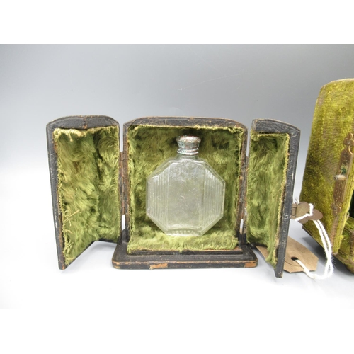 1312 - Two 19th century travelling perfume cases lined with green velvet, probably French, max. H11cm